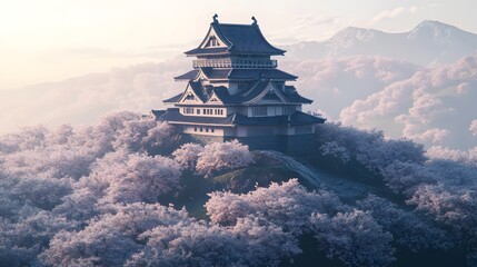 Fototapeta premium Stunning, stylized depiction of a traditional Asian tower amidst cherry blossoms.