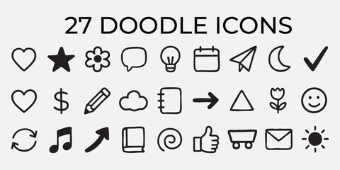 A vector set of 27 hand-drawn doodle icons with heart, star, and more