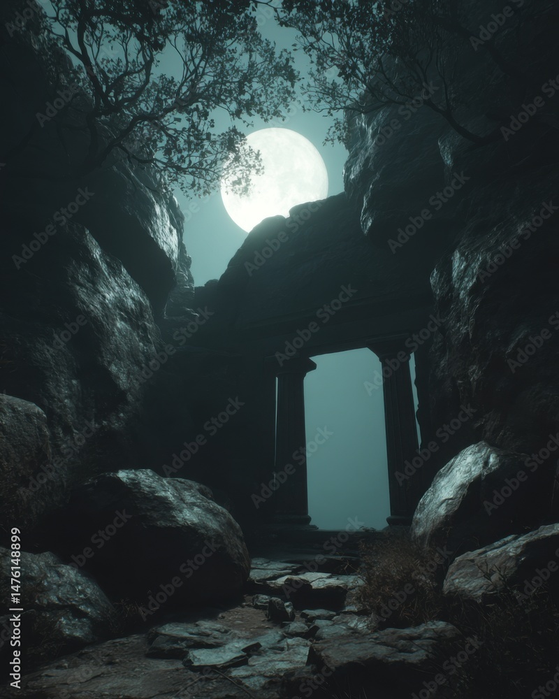 Aufkleber ancient ruins under moonlight low angle shot with rocks and trees creating a moody atmosphere and my