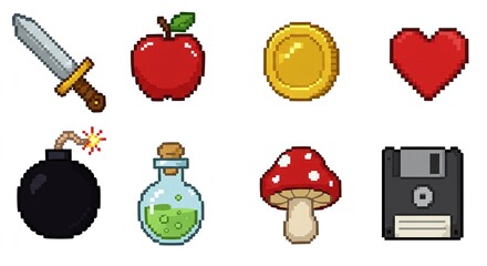 Pixel Art Game Assets Sword, Apple, Coin, Heart, Bomb, Potion, Mushroom, Floppy Disk