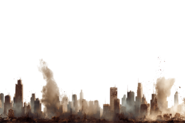 Skyline of a city in ruins isolated, transparent background