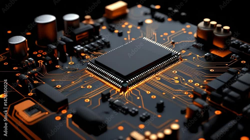 Aufkleber cpu chip on motherboard: a close-up of a central processing unit (cpu) chip on a black and orange pr