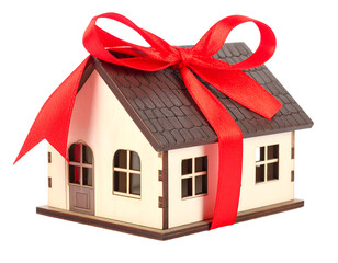 Wooden House Model with Red Ribbon Bow on Transparent Background