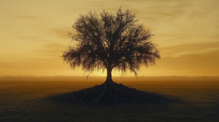 Fototapeta premium Pixelated Tree Silhouette Against Golden Sunset Sky on a Muted Landscape