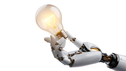 Robot hand holding light bulb isolated, transparent background