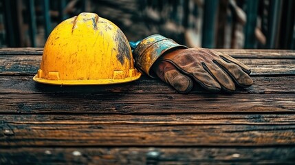 Hard hat and work gloves on weathered wood