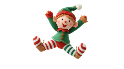 Santa Claus toy child, smiling cartoon with red hat as a fun Christmas decoration for winter holiday celebration, transparent background.