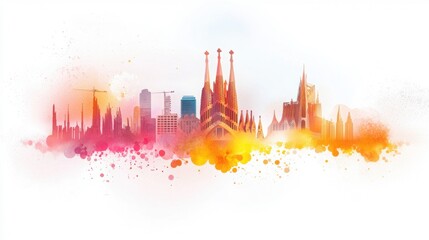 Whimsical Watercolor Illustration of Iconic Sagrada Familia in Barcelona Cityscape
