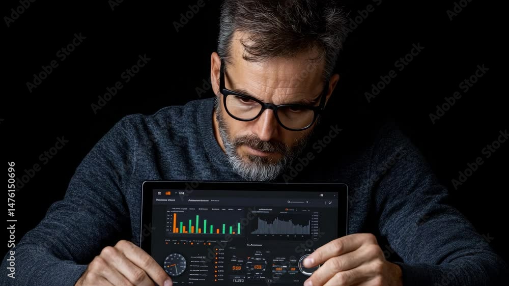 Poster analyst immersed in data visualization: a focused individual scrutinizes an advanced digital interfa