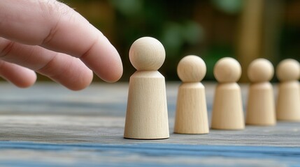 Hand Selecting a Wooden Figure from a Row