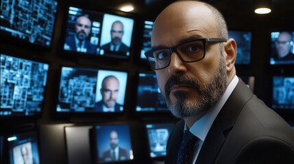 Fototapeta premium Serious Businessman in Front of Security Monitors