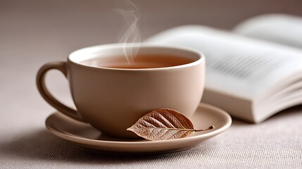 Fototapeta premium Steaming Herbal Tea Cup with Leaf and Open Book in Background