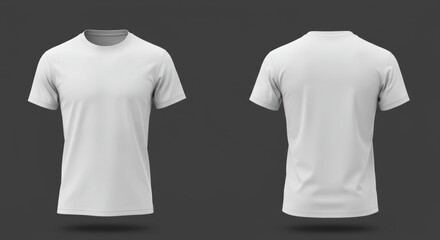 Blank white short-sleeved t-shirt mockup, displayed front and back, on a dark gray background. Versatile design for apparel branding or promotional use.