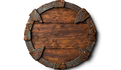 Rustic wooden shield with aged metal edges, showcasing weathered appearance and unique texture, perfect for decorative or thematic use