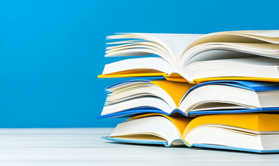 Stack of open books with yellow and blue covers on a light wooden surface against a vibrant blue background.  Perfect for education, learning, knowledge concepts.