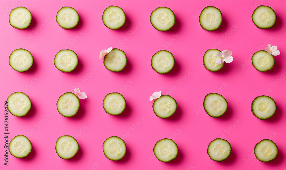 Poster vibrant pink background featuring a repetitive pattern of sliced cucumbers interspersed with delicat