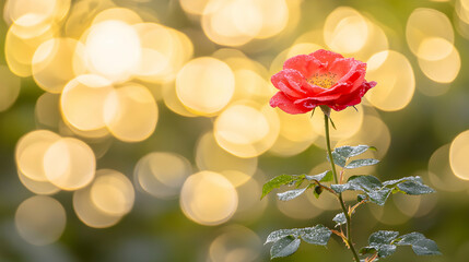 Single red rose with dew drops, bokeh background, soft light, romantic, delicate, floral beauty.