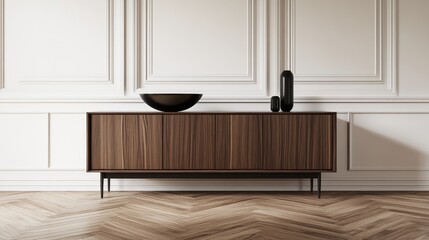 Modern wooden sideboard in a classic room setting.