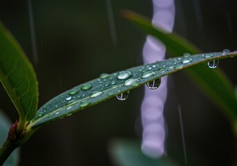 Close up of rain drops on green leaf. Macro shot of water on nature during rainfall. Natural environmental concept for background.