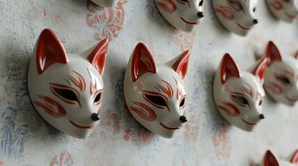 A collection of decorative fox masks on a patterned wall.
