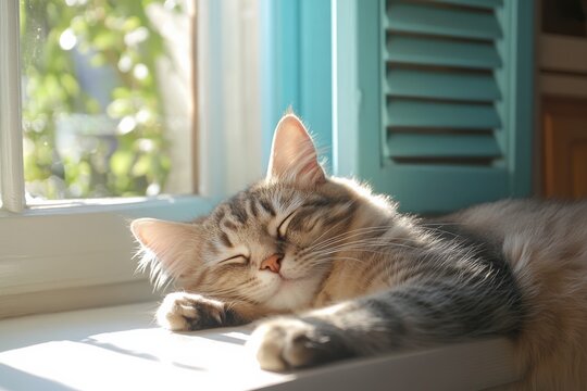 Cute siberian cat sleeping peacefully by the window on sunny day - Powered by Adobe