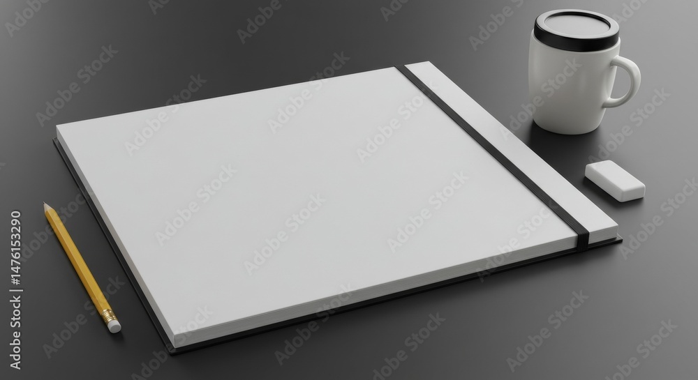 Poster blank notebook with writing supplies on a dark gray surface. a blank notebook rests open on a dark g