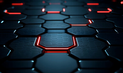 Obraz premium Abstract dark hexagonal grid with red neon lights. Futuristic tech background.