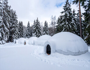 Snowy igloo cabins nestled in serene forest, surrounded by tall evergreen trees, create tranquil winter retreat. soft snow blankets landscape, enhancing peaceful atmosphere