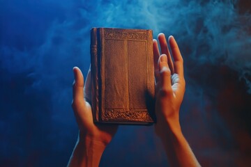 vibrant color image of high angle hands on holy bible
