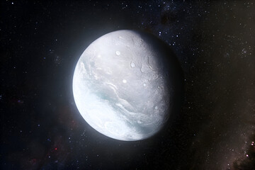 Fototapeta premium An image of Eris, one of the largest dwarf planets, showcasing its likely icy and cratered surface in shades of gray.