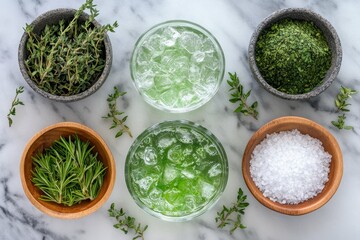 high definition visual of high view matcha tea in glass with herbs in bowls