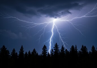 Powerful lightning strike across a dark blue sky over a silhouetted forest treeline during a severe thunderstorm at night, concept of nature power and energy force