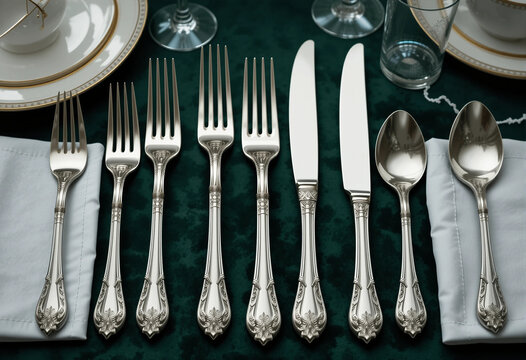 A set of silverware is displayed on a green tablecloth