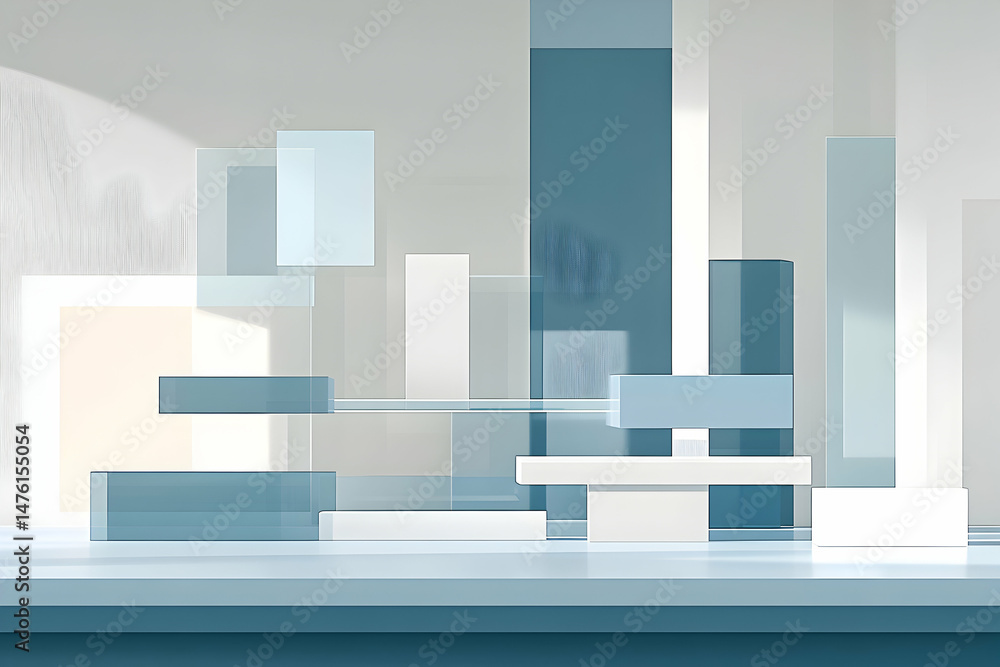 Poster abstract geometric shapes in calming blue and white tones, creating a minimalist and modern design. 
