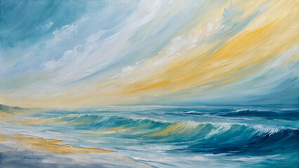 Obraz premium Serene Coastal Sunrise Painting, capturing a tranquil beach scene.