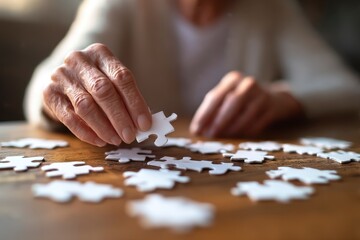 Old woman's hands trying to connect white puzzle pieces on wooden table. Creative idea for Alzheimer's disease, dementia, memory loss and mental health concept