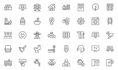 Public utilities line icons set. Public Utilities Water, Fuel, Electricity, gas, garage, Solar House, Rent receipt, Maintainence, and More vector illustration