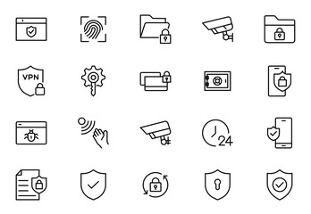 Security line icons set. Guard, cyber security, password, smart home, safety, data protection, key, shield, lock, unlock, eye access. Vector illustration.