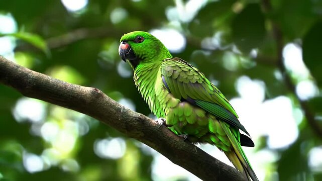 Vibrant Green Parrot Perched on Branch with Blurred Foliage in Natural Daylight
