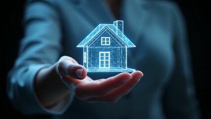 Woman Hand Holding Holographic House Symbol in Air