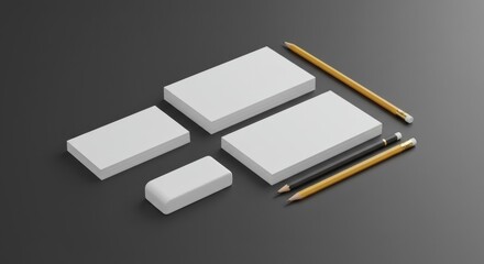 Stacks of blank business cards with pencils and an eraser on a dark surface. A professional presentation of stationery items for branding or design mockups.