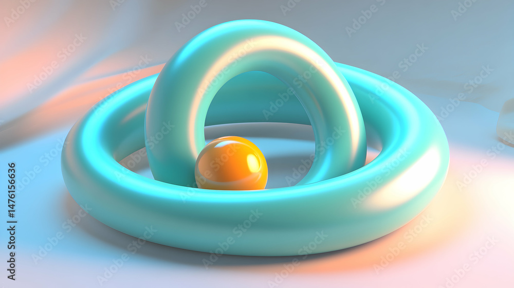 Poster abstract 3d render of teal and orange glossy spheres intertwined, creating a visually captivating an