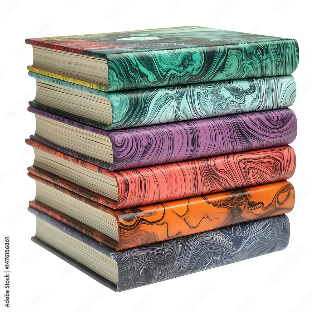 Poster stack of colorful books with abstract marble patterns on covers