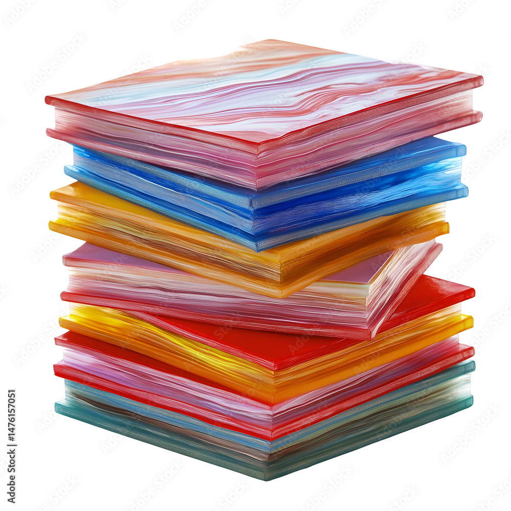 Poster stack of colorful books arranged vertically on a white or transparent background