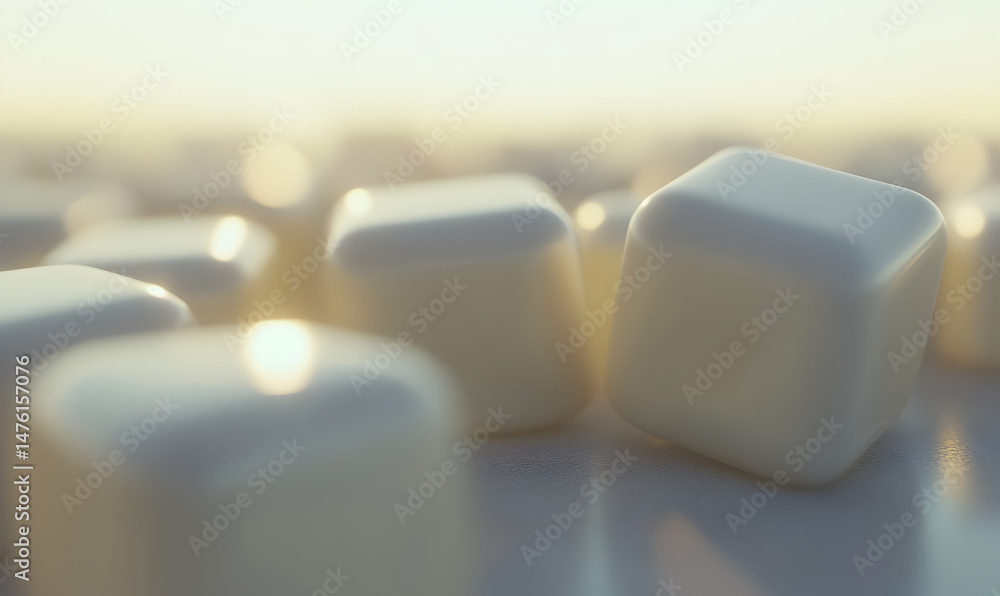 Poster abstract background of smooth, white cubes bathed in warm sunlight, creating a minimalist and serene