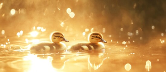 Fototapeta premium Golden Hour Ducklings: A Serene Sunset Reflection