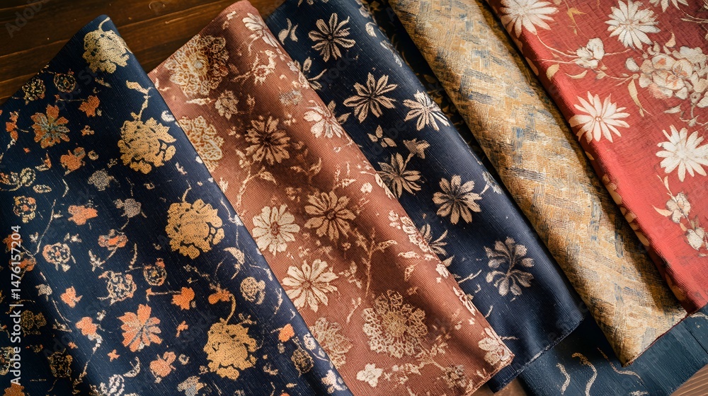 Poster collection of patterned fabrics displayed on a wooden surface.