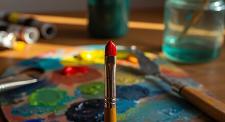 Obraz premium Paintbrush with Red Paint on Palette