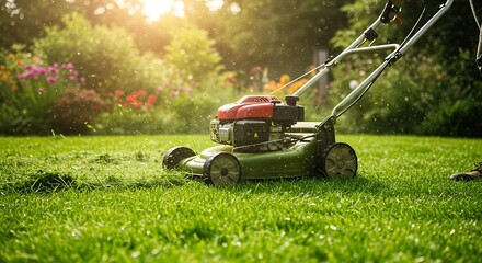 Fototapeta premium A person is mowing a lush green lawn with a green and black lawnmower, with sunlight creating a lens flare and a garden in the background