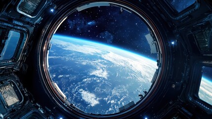 a mesmerizing view of earth and the starry expanse from the vantage point of a spaceship window, a gateway to the cosmos showcasing cosmic beauty and technological exploration
